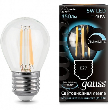 Лампа Gauss LED Filament Globe dimmable E27 5W 4100К 1 10 50 105802205-D