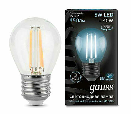 Лампа Gauss LED Filament Globe E27 5W 4100K 1 10 50 105802205
