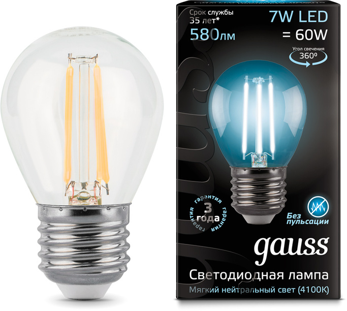 Лампа Gauss LED Filament Globe E27 7W 4100K 1 10 50 105802207