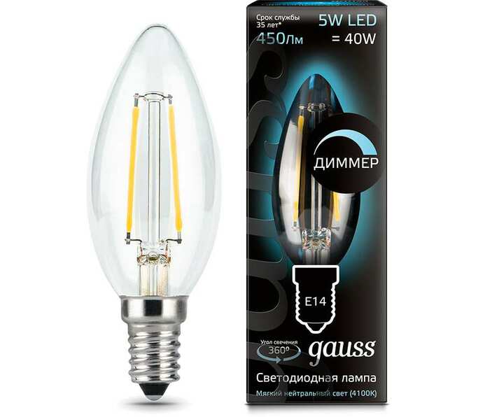 Лампа Gauss LED Filament Candle dimmable E14 5W 4100К 1 10 50 103801205-D