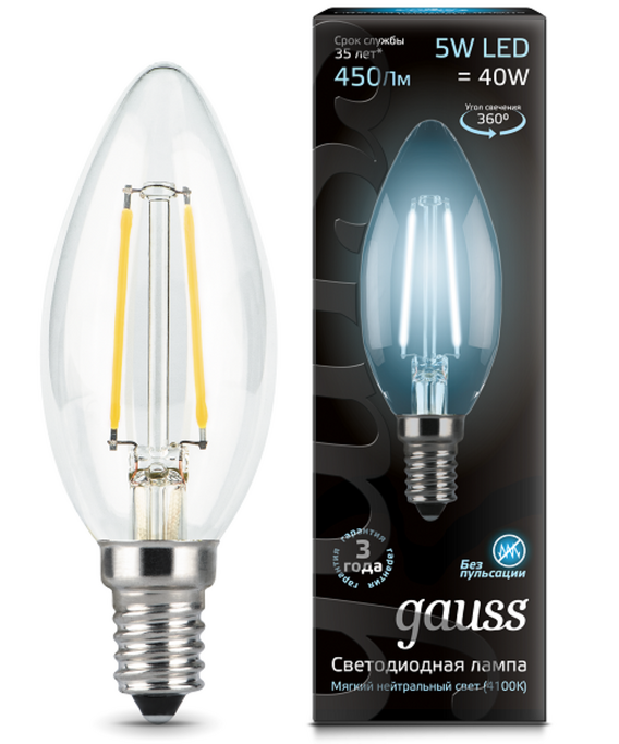 Лампа Gauss LED Filament Candle E14 5W 4100К 1 10 50 103801205