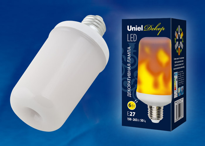 UNIEL Лампа св.д LED-L60-6W FLAME E27 FR PLD01WH, эффект пламени, цилиндр, матовая