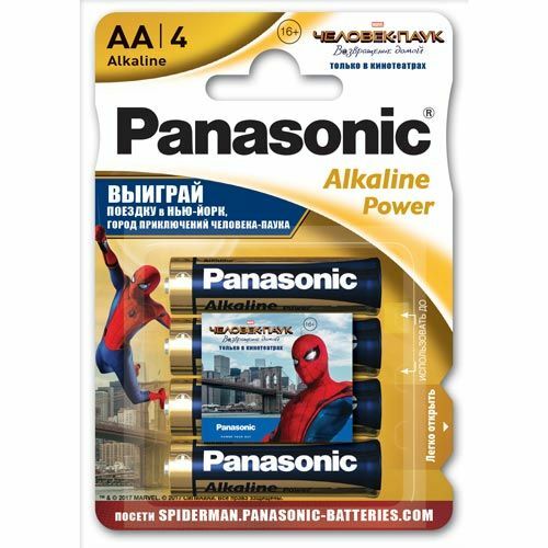 Элемент питания PANASONIC Alkaline Power LR6 316 BL4 + наклейка Spider Man (цена за 1шт.)