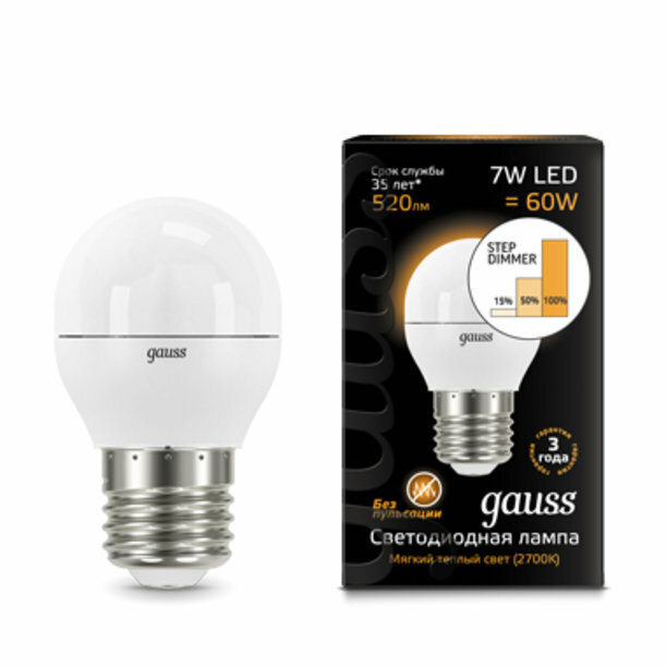 Лампа Gauss LED Globe E27 7W 2700K step dimmable 105102107-S