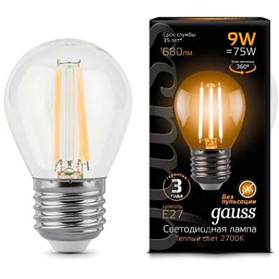 Лампа Gauss LED Filament Globe E27 9W 2700K 1 10 50 105802109