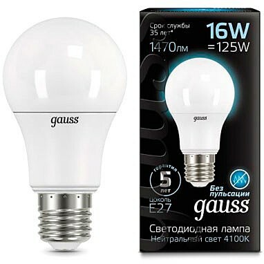 Лампа Gauss LED A60 16W E27 4100K 1 10 50 102502216