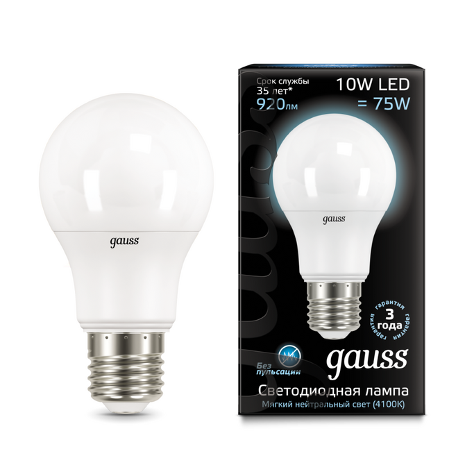Лампа Gauss LED A60 10W E27 4100K 1 10 50 102502210