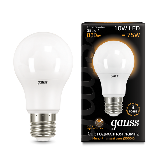 Лампа Gauss LED A60 10W E27 3000K 1 10 50 102502110