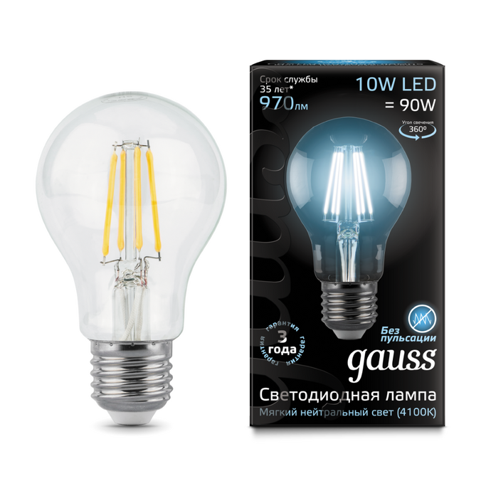 Лампа Gauss LED Filament A60 E27 10W 4100К 1 10 40 102802210