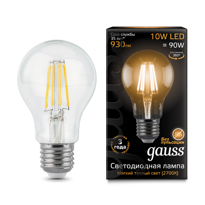 Лампа Gauss LED Filament A60 E27 10W 2700К 1 10 40 102802110