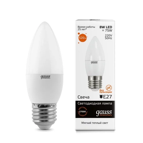 Лампа Gauss LED Elementary Candle 8W E27 2700K 1 10 50 33218