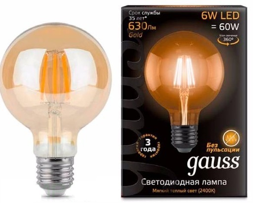 Лампа Gauss LED Filament G95 E27 6W Golden 2400K 1 20 105802006