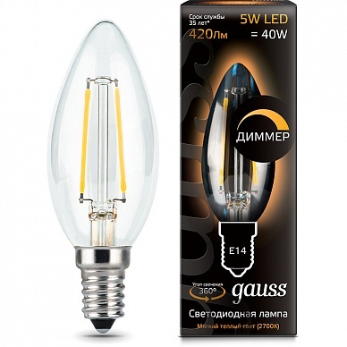 Лампа Gauss LED Filament Candle dimmable E14 5W 2700К 1 10 50 103801105-D