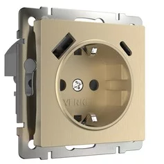 Werkel W1171710  Розетка с заземлением, шторками и USB тип A+C (шампань рифленый )
