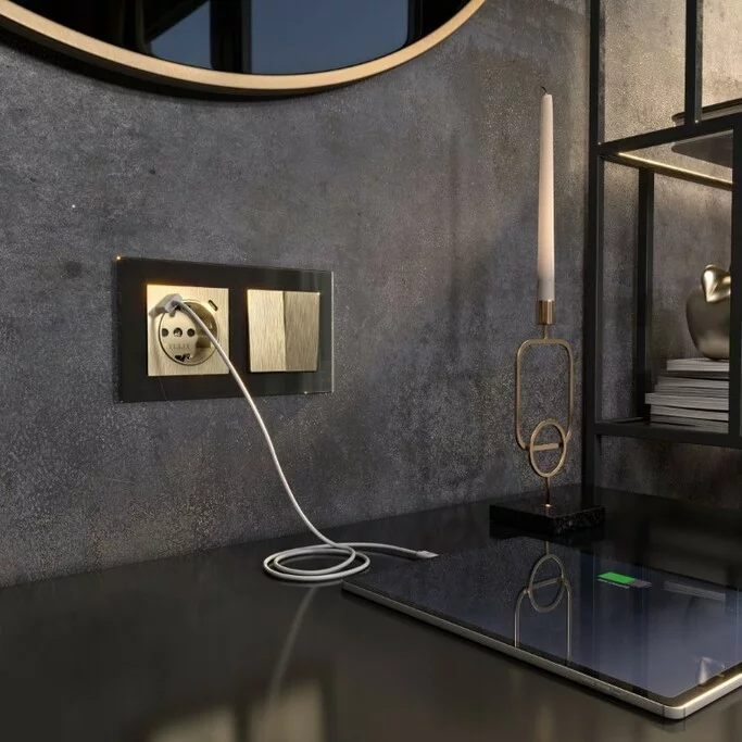 Werkel W1171710  Розетка с заземлением, шторками и USB тип A+C (шампань рифленый )