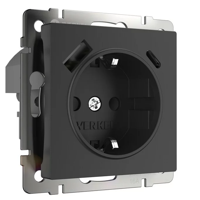 Werkel W1171708  Розетка с заземлением, шторками и USB тип A+C (черный)