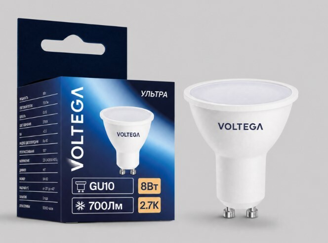 VOLTEGA Светодиодная лампа Ультра Стандарт MR16 8Вт 2700K 100° GU10 (3099)