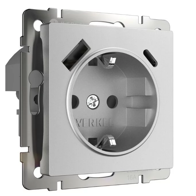 Werkel W1171765  Розетка с заземлением, шторками и USB тип A+C  (серебряный матовый)