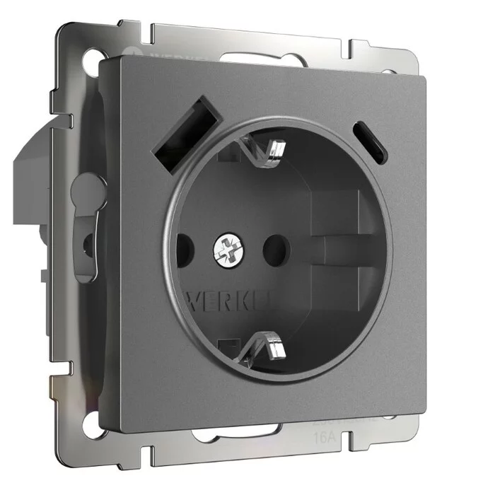 Werkel W1171764  Розетка с заземлением, шторками и USB тип A+C  (графит матовый)