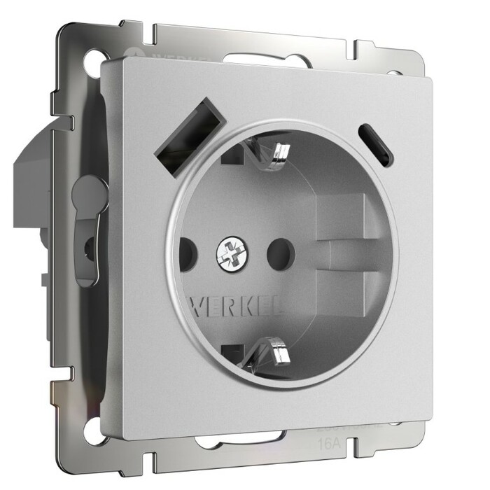 Werkel W1171765  Розетка с заземлением, шторками и USB тип A+C  (серебряный матовый)