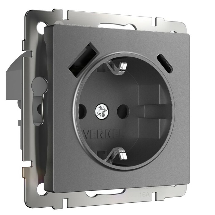 Werkel W1171764  Розетка с заземлением, шторками и USB тип A+C  (графит матовый)