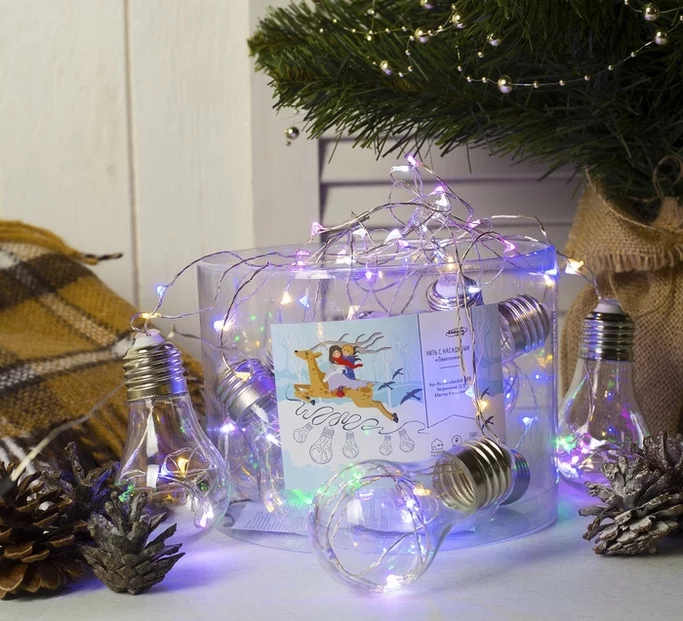 Гирлянда НИТЬ "Лампочки" 3 м, 10 пластиковых лампочек, LED-100-12V, МУЛЬТИ 3612325