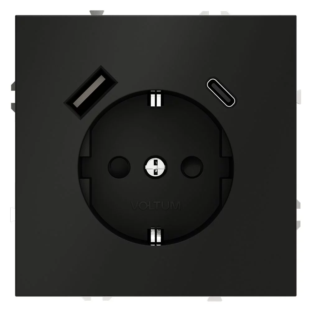 Розетка встр VOLTUM S70 с заземлением и защитными шторками, 16А, с USB, A+С, (черный матов VLS040508