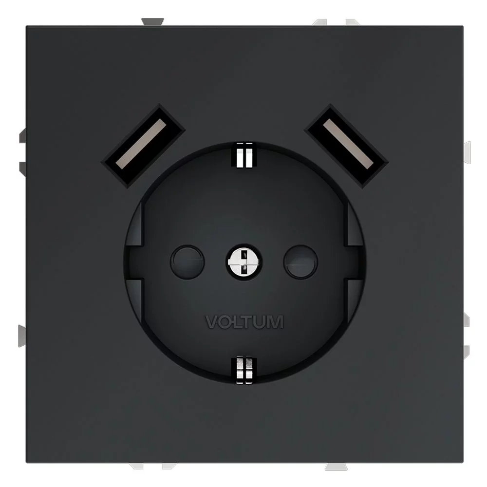 Розетка встр. VOLTUM S70 с заземлением и защитными шторками, 16А, с USB, A+A, (графит) VLS040407