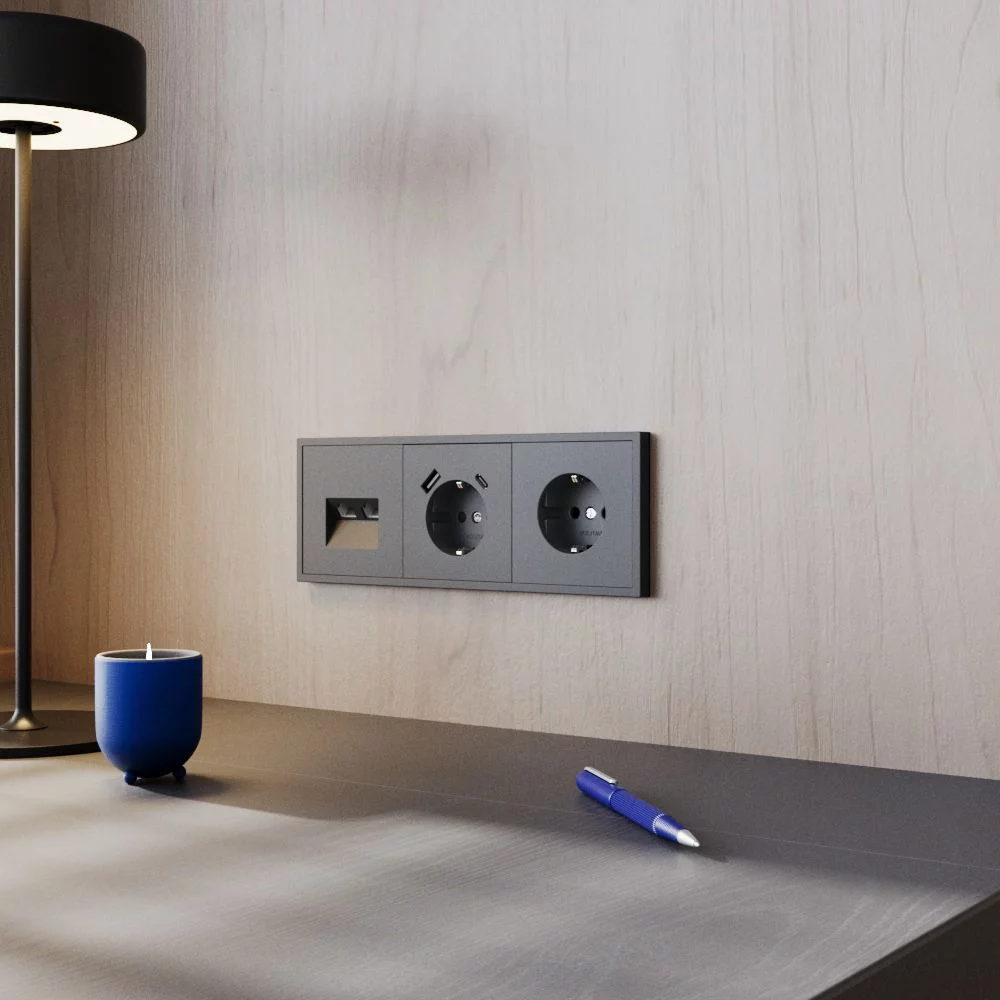 Розетка компьютерная встраиваемая VOLTUM S70 двойная RJ45+RJ45 кат.6, (графит) VLS060207