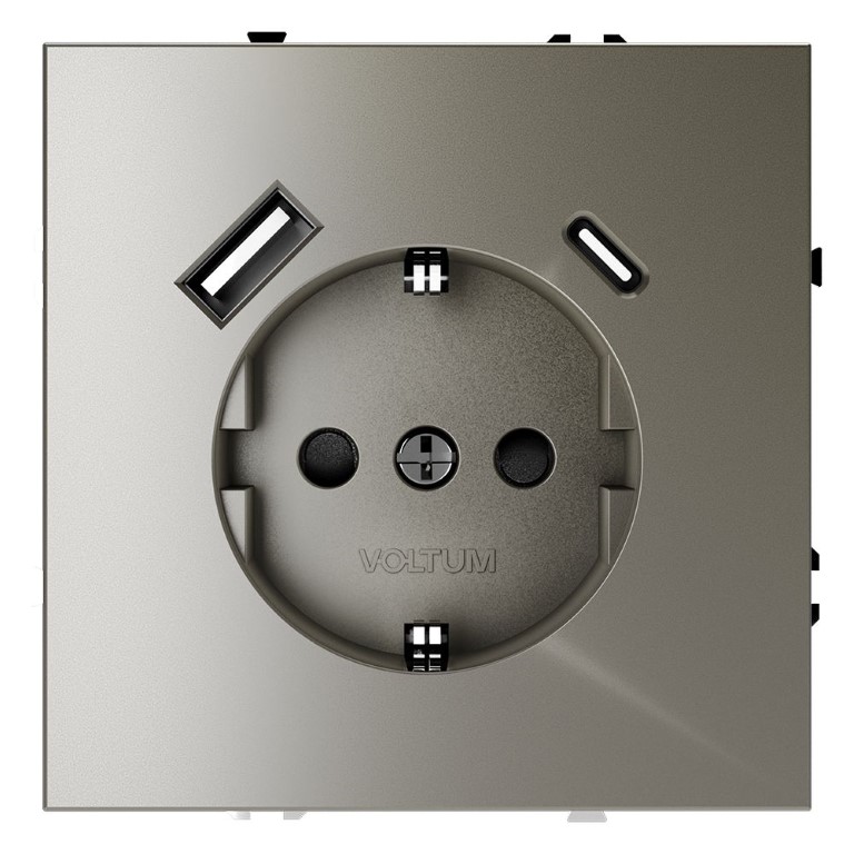 Розетка встр. VOLTUM S70 с заземлением и защитными шторками, 16А, с USB, A+С, (шелк) VLS040504