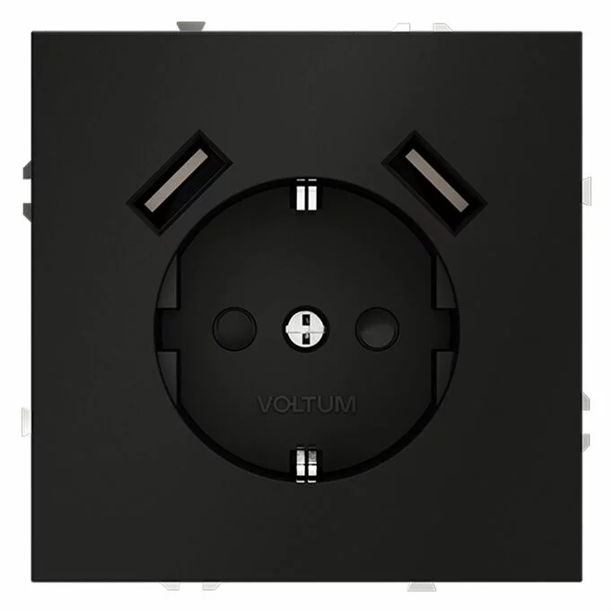 Розетка встр. VOLTUM S70 с заземлением и защитными шторками, 16А, с USB, A+A, черный матов VLS040408