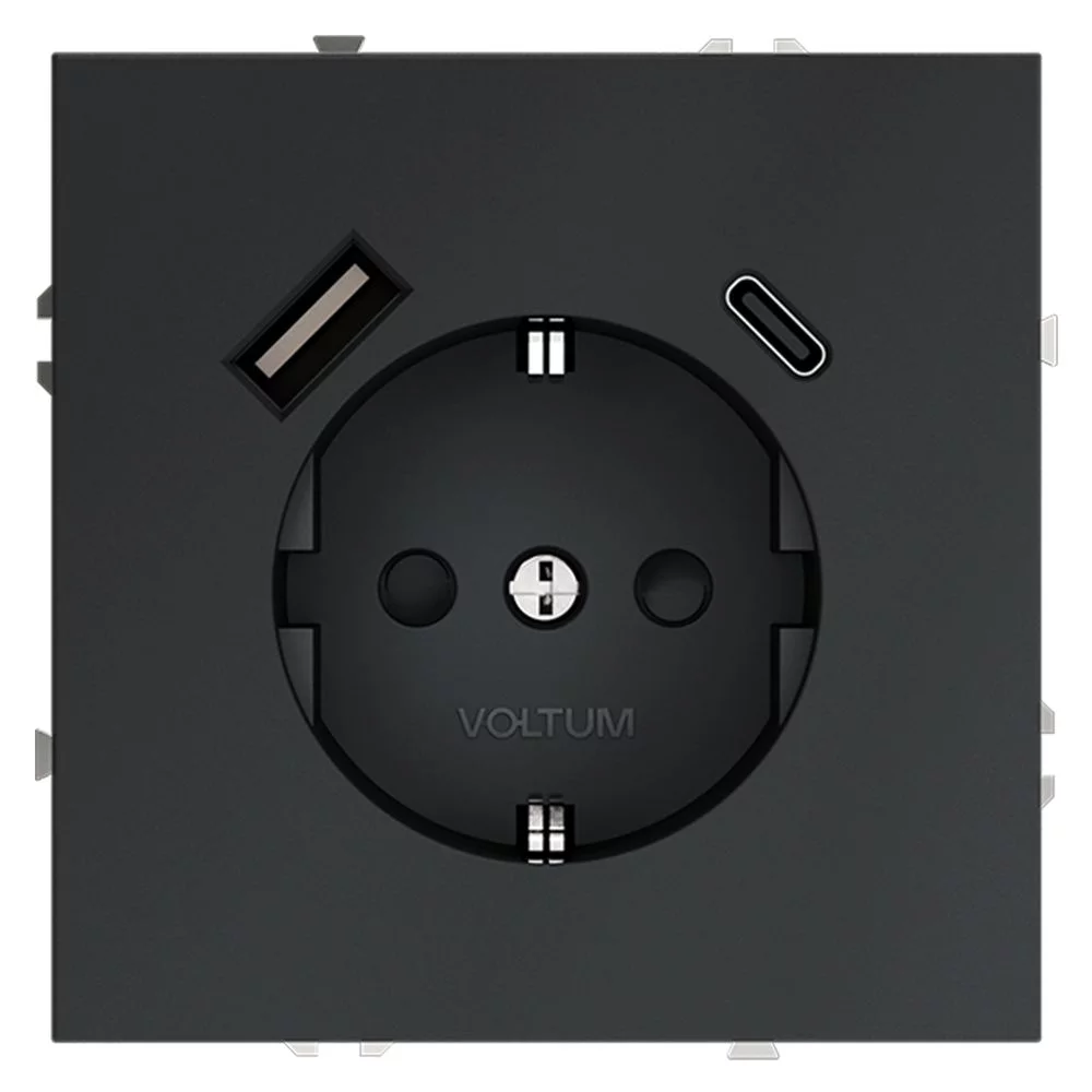 Розетка встр. VOLTUM S70 с заземлением и защитными шторками, 16А, с USB, A+С, (графит) VLS040507
