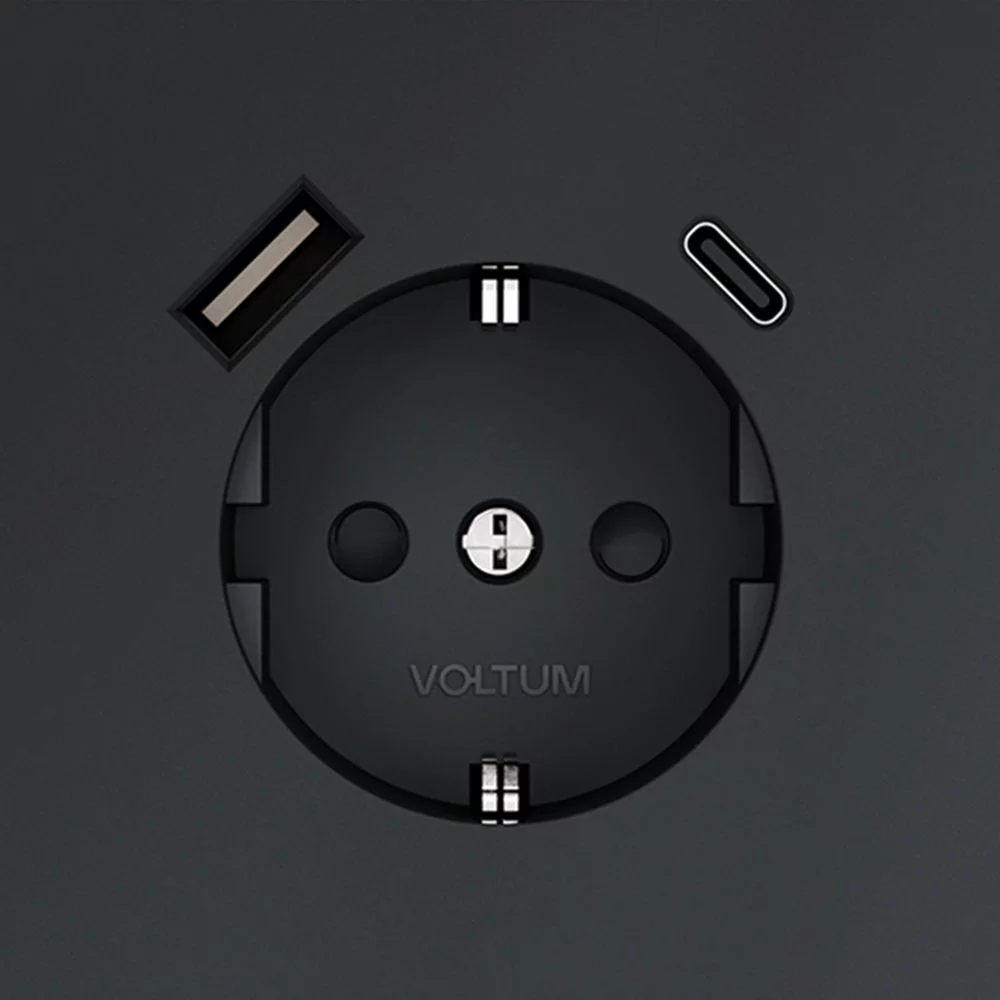 Розетка встр. VOLTUM S70 с заземлением и защитными шторками, 16А, с USB, A+С, (графит) VLS040507