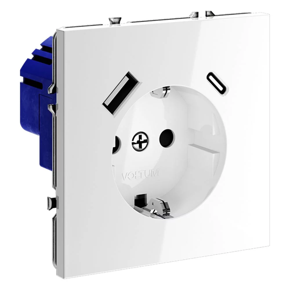 Розетка встр. VOLTUM S70 с заземлением и защитными шторками, 16А, с USB, A+С, (белый глянц VLS040501
