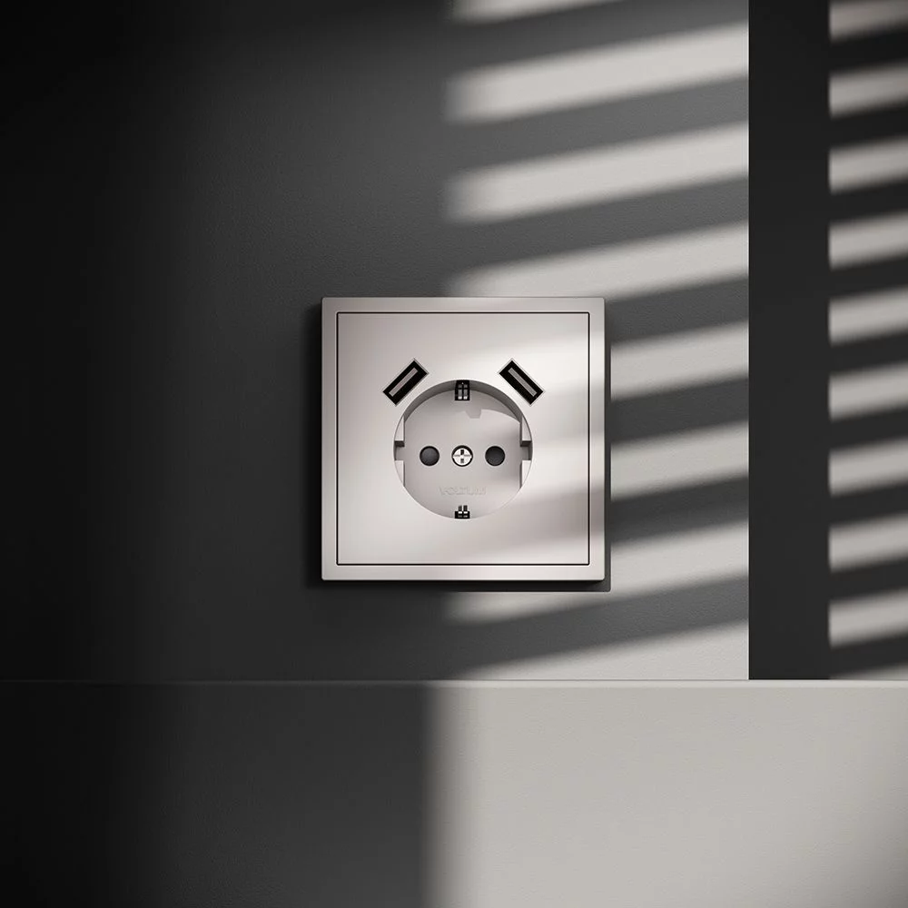 Розетка встр. VOLTUM S70 с заземлением и защитными шторками, 16А, с USB, A+A, (кашемир) VLS040403