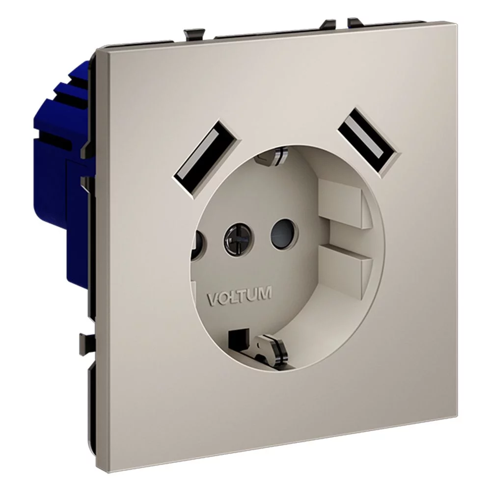 Розетка встр. VOLTUM S70 с заземлением и защитными шторками, 16А, с USB, A+A, (кашемир) VLS040403