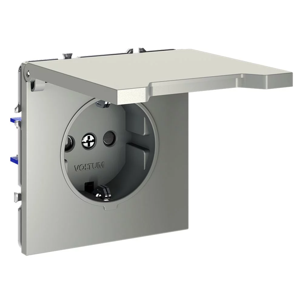 Розетка встр. VOLTUM S70 с заземлением, защитными шторками и крышкой 16А, (сталь) VLS040305