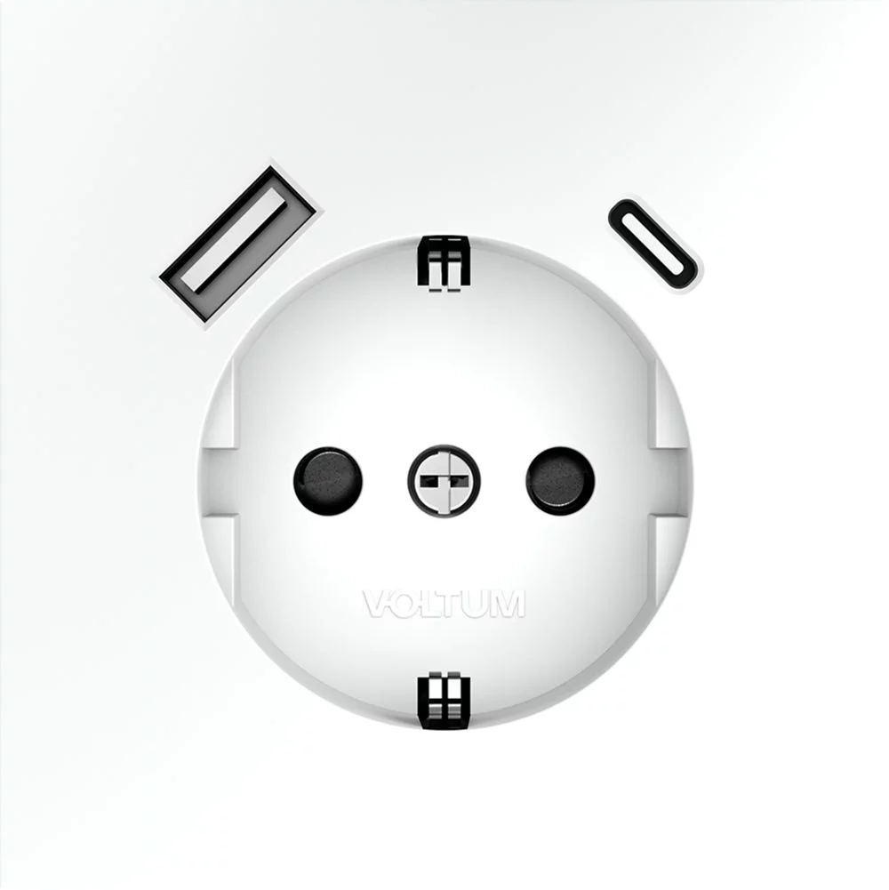 Розетка встр. VOLTUM S70 с заземлением и защитными шторками, 16А, с USB, A+С, (белый матов VLS040502