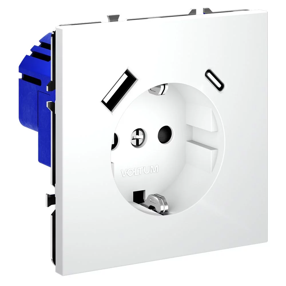 Розетка встр. VOLTUM S70 с заземлением и защитными шторками, 16А, с USB, A+С, (белый матов VLS040502
