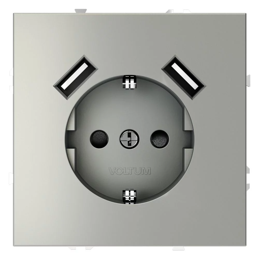 Розетка встр. VOLTUM S70 с заземлением и защитными шторками, 16А, с USB, A+A, (сталь) VLS040405