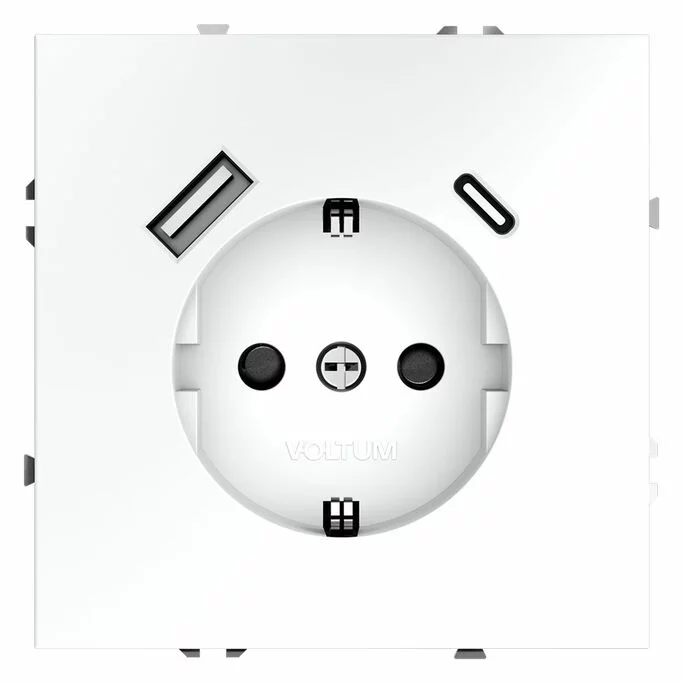 Розетка встр. VOLTUM S70 с заземлением и защитными шторками, 16А, с USB, A+С, (белый матов VLS040502