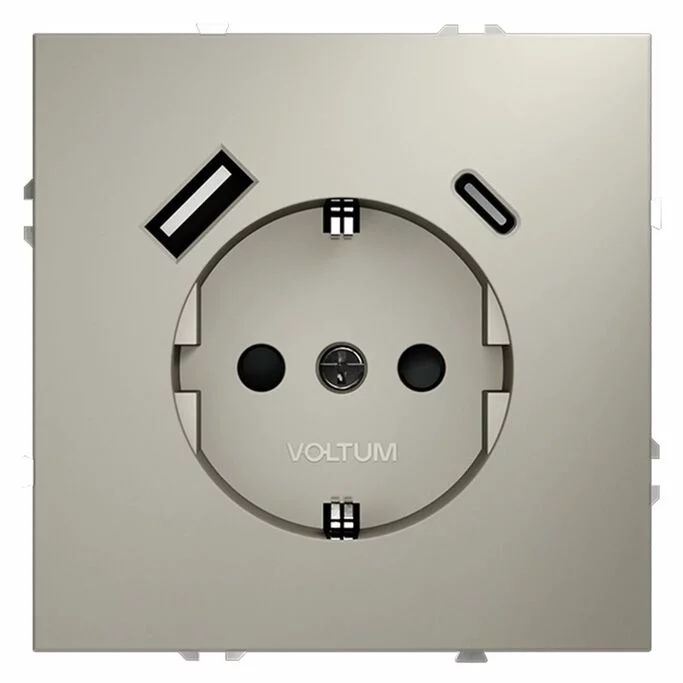 Розетка встр. VOLTUM S70 с заземлением и защитными шторками, 16А, с USB, A+С, (кашемир) VLS040503