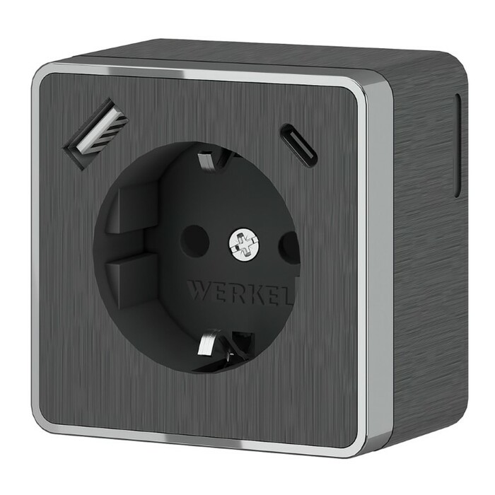 Werkel W5071704  Розетка с заземлением, шторками и USB тип A+C Gallant (графит рифленый)