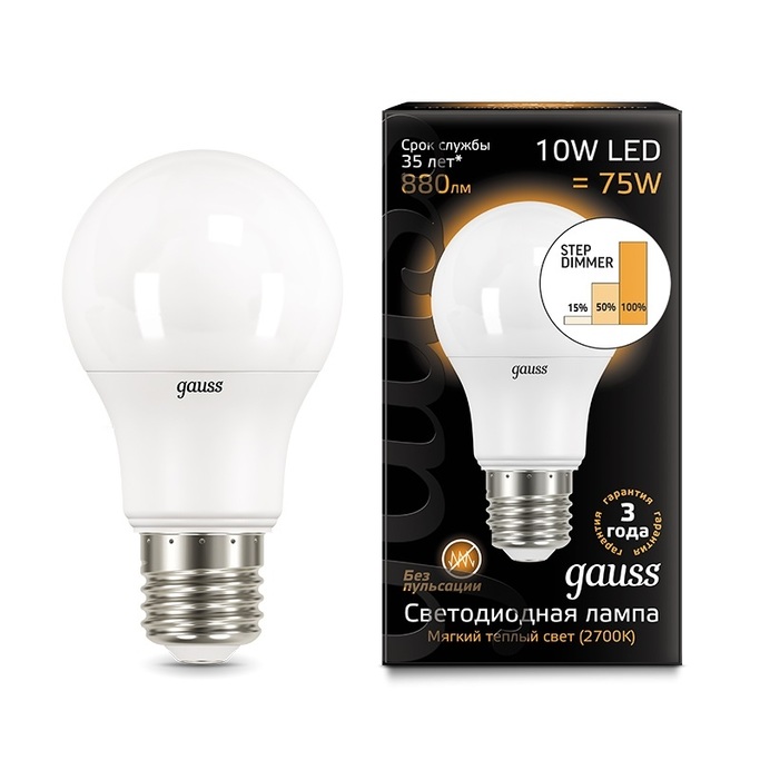 Лампа Gauss LED A60 10W E27 2700K step dimmable 102502110-S