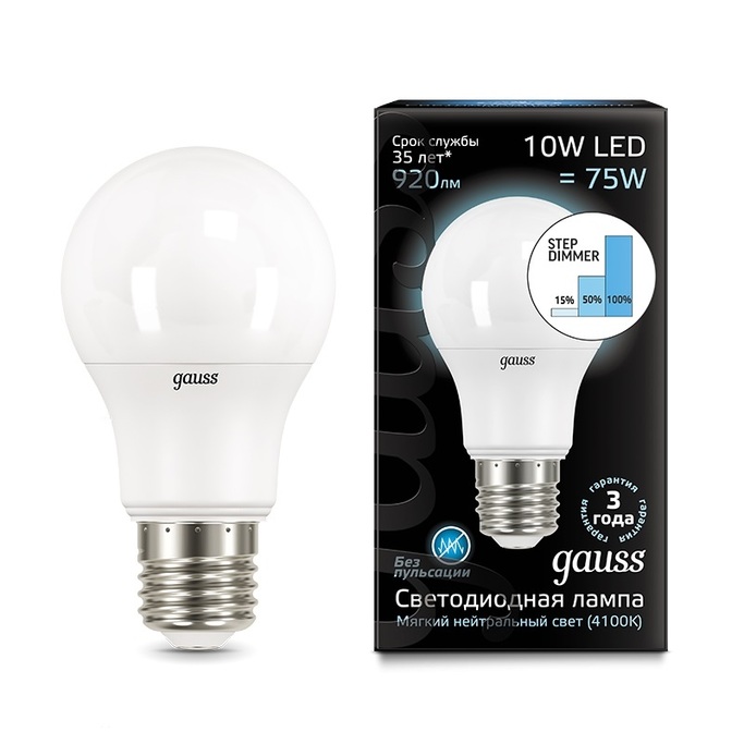Лампа Gauss LED A60 10W E27 4100K step dimmable 102502210-S