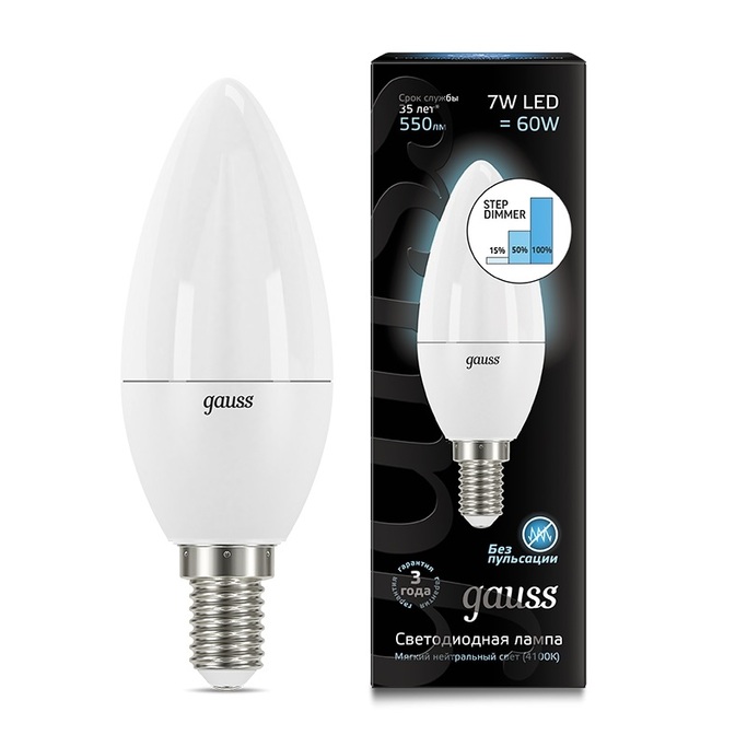 Лампа Gauss LED Candle E14 7W 4100К step dimmable 103101207-S