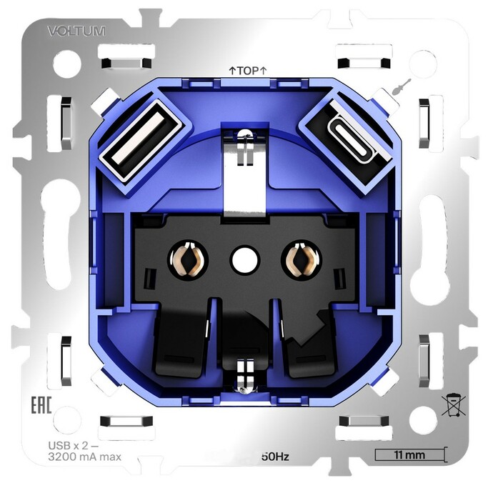 Voltum VLS0405M Механизм розетки с заземлением и защитными шторками 16А, с USB A+C, S70