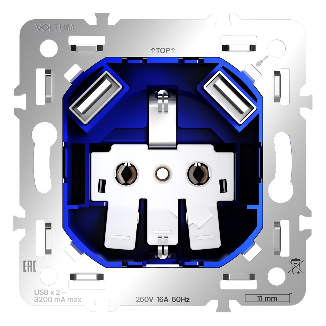 Voltum VLS0404M Механизм розетки с заземлением и защитными шторками 16А, с USB A+A, S70