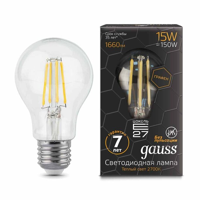 Лампа Gauss LED Filament Graphene A60 E27 15W 2700К 1 10 40 102802115