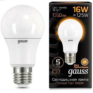 Лампа Gauss LED A60 16W E27 3000K 1 10 50 102502116